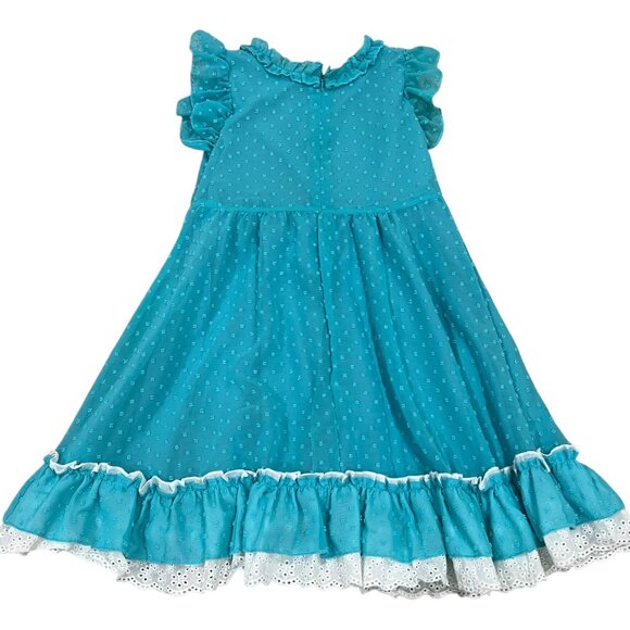 Mia Belle Girls 6/7 Ruffle Sleeveless Dress With White Lace Trim Turquoise - Picture 2 of 7